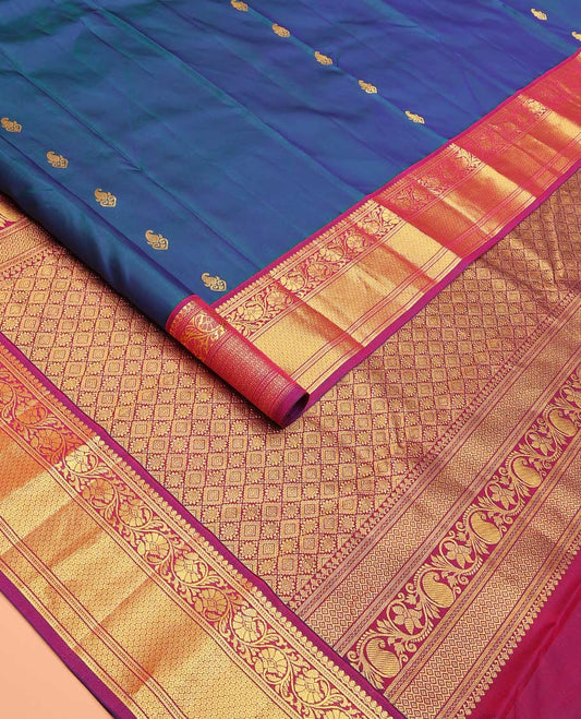 Blue buttas Bangalore silk saree, contrast traditional zari border, and pallu of jaal designs