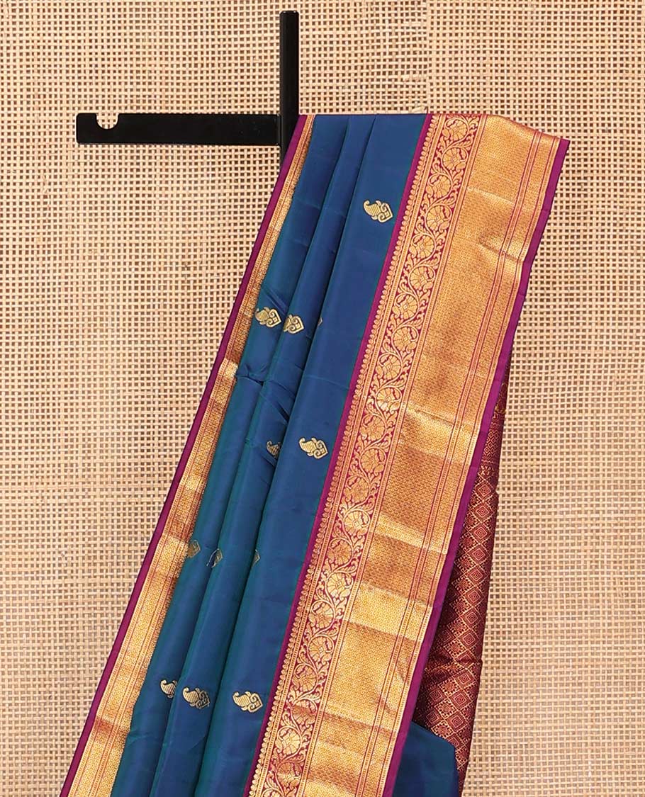 Blue buttas Bangalore silk saree, contrast traditional zari border, and pallu of jaal designs