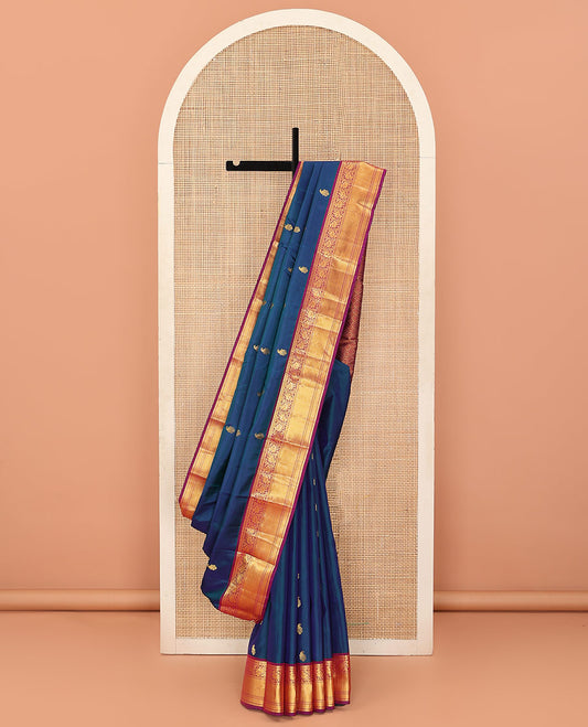Blue buttas Bangalore silk saree, contrast traditional zari border, and pallu of jaal designs