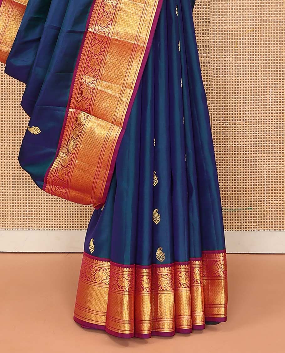 Blue buttas Bangalore silk saree, contrast traditional zari border, and pallu of jaal designs