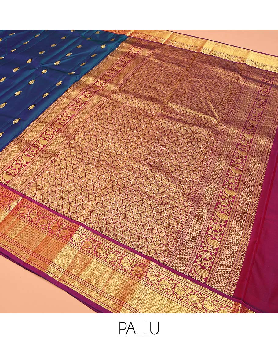 Blue buttas Bangalore silk saree, contrast traditional zari border, and pallu of jaal designs