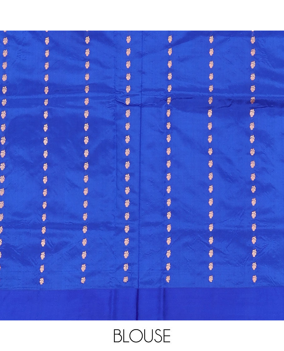 Blue thilakam motifs katan silk saree, traditional border of floral creeper design, and jaal pallu