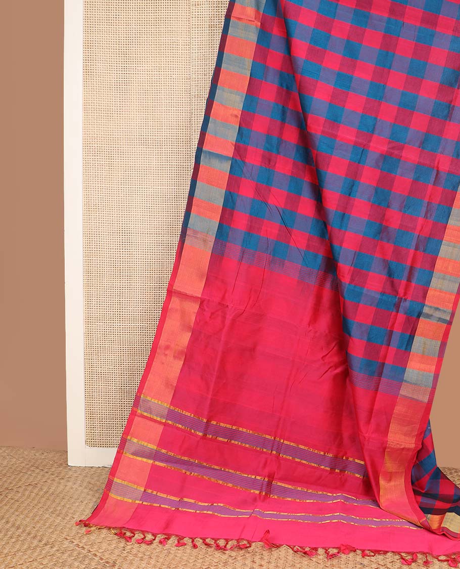 Multi-color checked design poly cotton saree, zari border, and contrast zari striped pallu