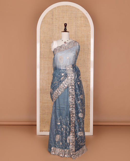 Grey floral and paisley vine embroidered designer saree, scallop paisley thread embroidered border