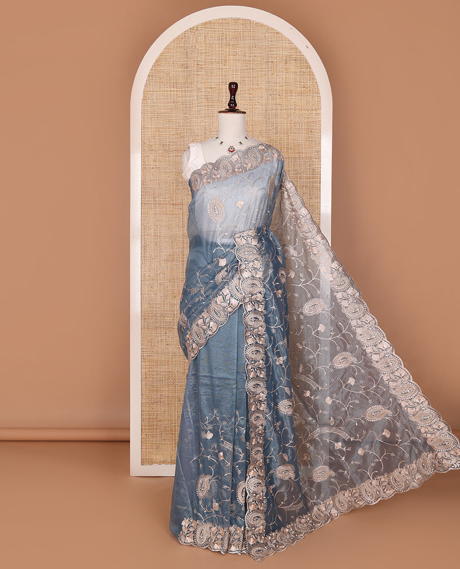 Grey floral and paisley vine embroidered designer saree, scallop paisley thread embroidered border