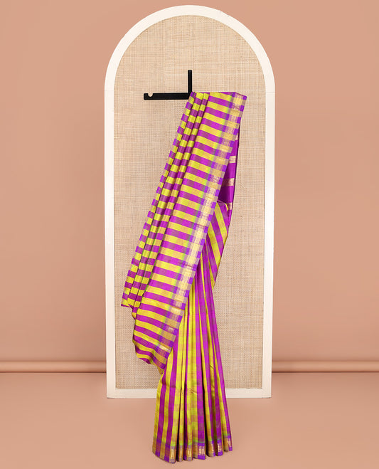 Multi-Color Kanchipuram Silk Saree, Bedecked with Checked Design on Its Body, Highlighted by a Zari One-Sided Border of Rekku, Banaras, and Jaal Designs, Pallu of Zari Designs, and Comes Without a Blouse