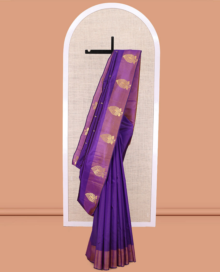 Purple Kanchipuram Silk Saree, Woven with Zari Buttas, Complemented by a Contrast Zari Border, Pallu of Zari Design, and Contrast Blouse