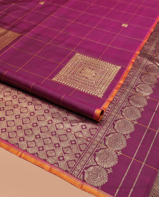 Purple Kanchipuram Silk Saree Embellished with Big Square Buttas within Checks, Complemented by a Contrast Piping Border, Featuring a Pallu Depicting Jaal Designs, Paired with a Matching Checked Blouse