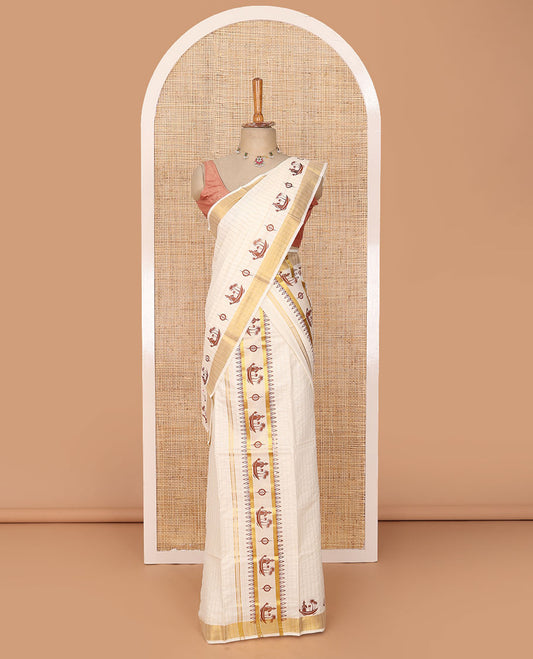 Cream striped & keral motifs printed Kerala mundu set with zari border