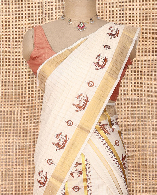 Cream striped & keral motifs printed Kerala mundu set with zari border