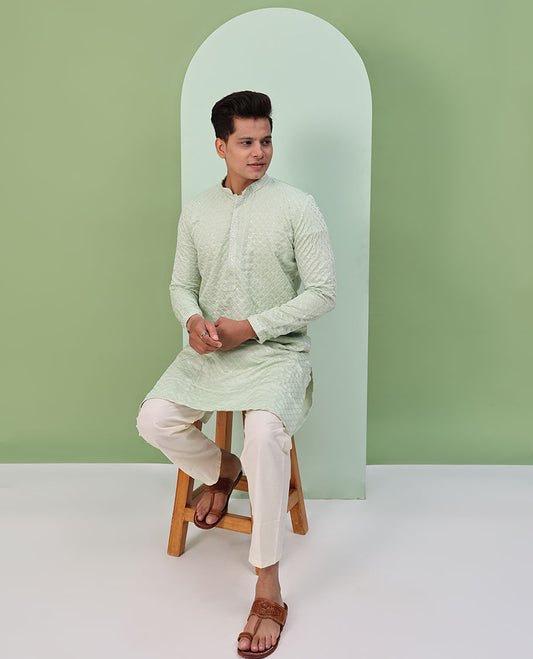 Pastel green sequin argyle embroidered full-sleeved kurta