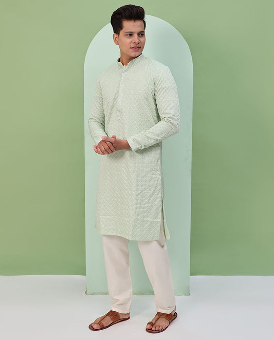 Pastel green sequin argyle embroidered full-sleeved kurta
