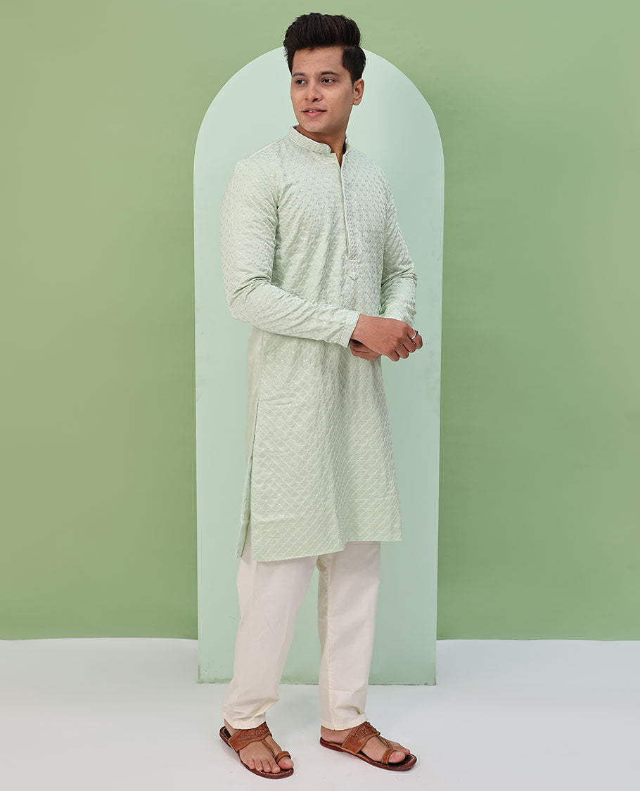 Pastel green sequin argyle embroidered full-sleeved kurta