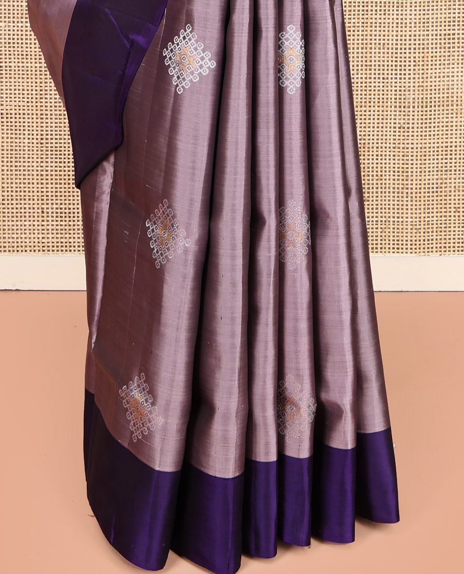 Grey Mayuri Lite Silk Mix Saree, Decked Up with Kolam Buttas, Contrast Kolam Buttas Border, Pallu of Intricate Kolam Designs, and a Contrast Blouse