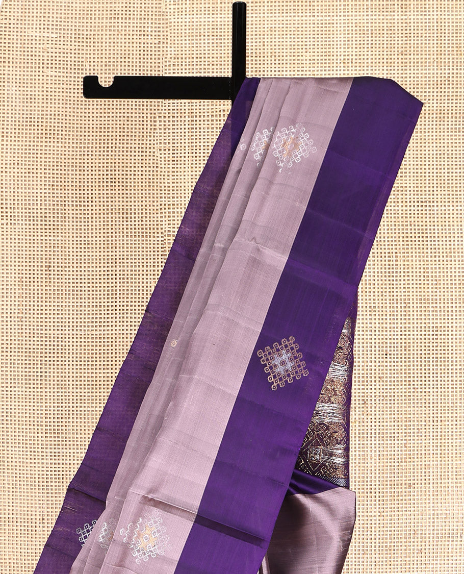 Grey Mayuri Lite Silk Mix Saree, Decked Up with Kolam Buttas, Contrast Kolam Buttas Border, Pallu of Intricate Kolam Designs, and a Contrast Blouse