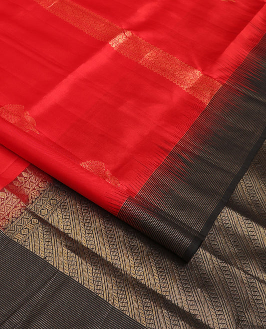 Red zari buttas soft silk saree, contrast thazampoo rekku striped border & pallu of geometric designs
