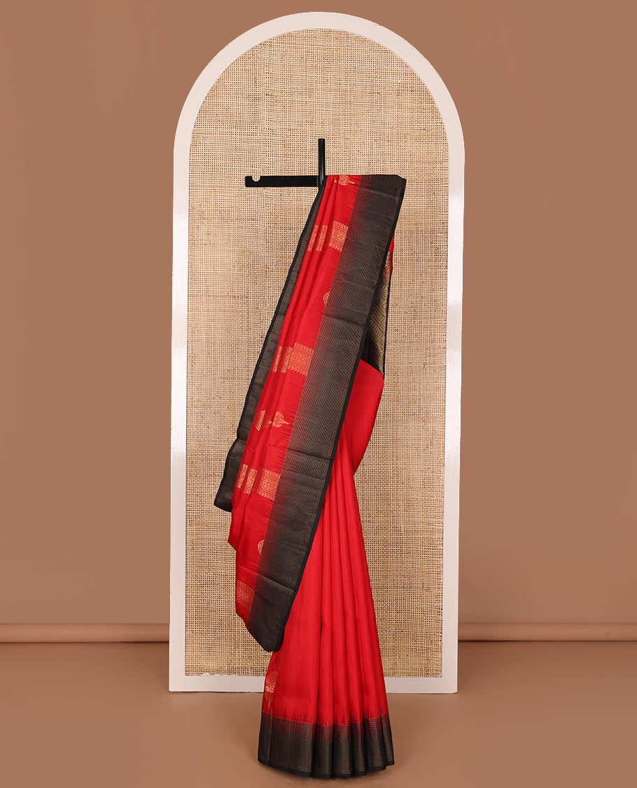 Red zari buttas soft silk saree, contrast thazampoo rekku striped border & pallu of geometric designs