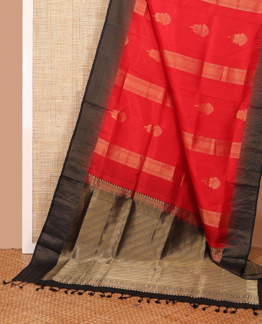 Red zari buttas soft silk saree, contrast thazampoo rekku striped border & pallu of geometric designs