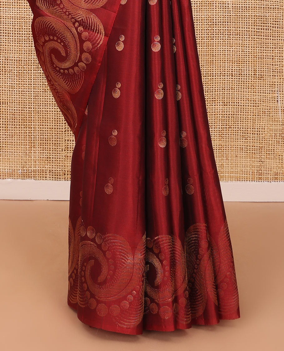 Red soft silk saree with zari buttas, spiral shaped zari woven border & zig-zag striped pallu