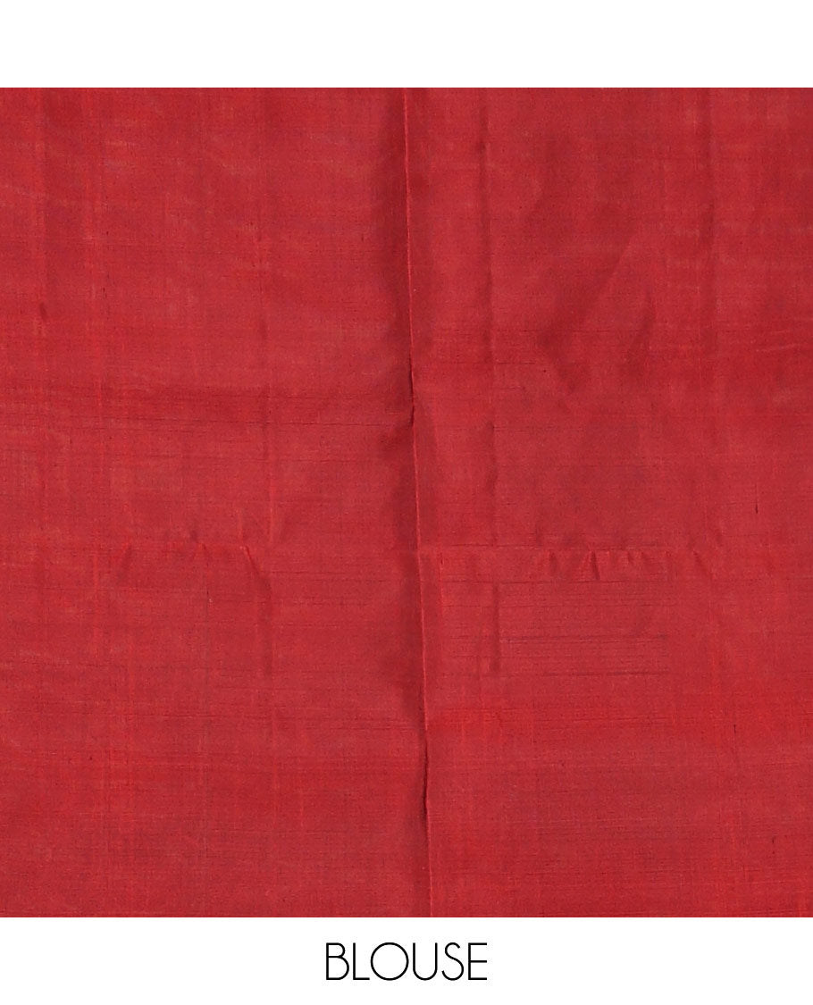 Red soft silk saree with zari buttas, spiral shaped zari woven border & zig-zag striped pallu