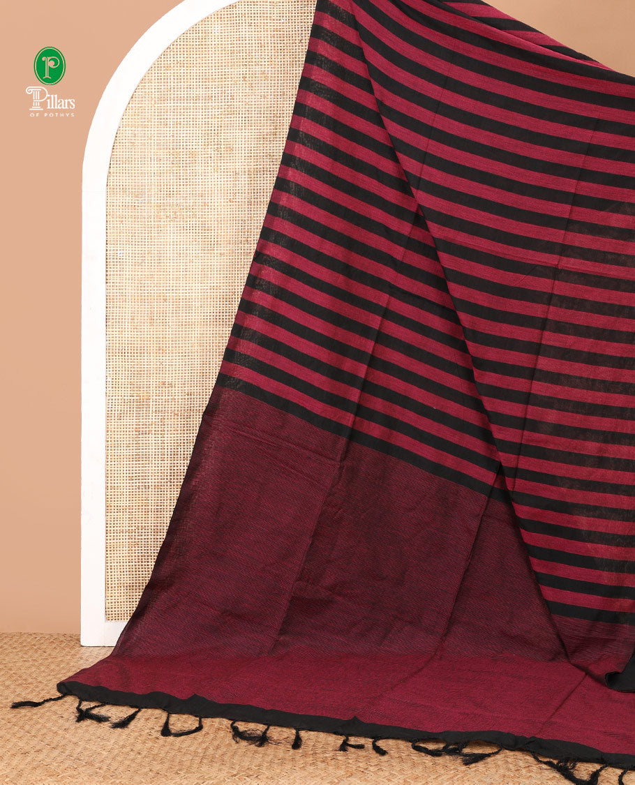 Borderless black with pink striped jute cotton saree with lining pallu & plain blouse