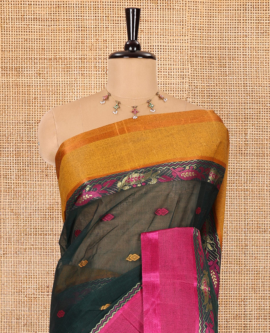 Green buttas woven Bengal cotton saree, contrast ganga jamuna border, and striped pallu