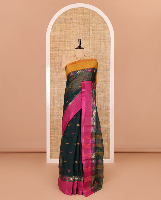Green buttas woven Bengal cotton saree, contrast ganga jamuna border, and striped pallu