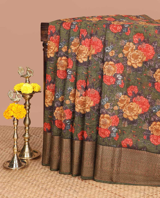 Mehandi green digital print linen saree with banaras style border & chit pallu along with brocade blouse