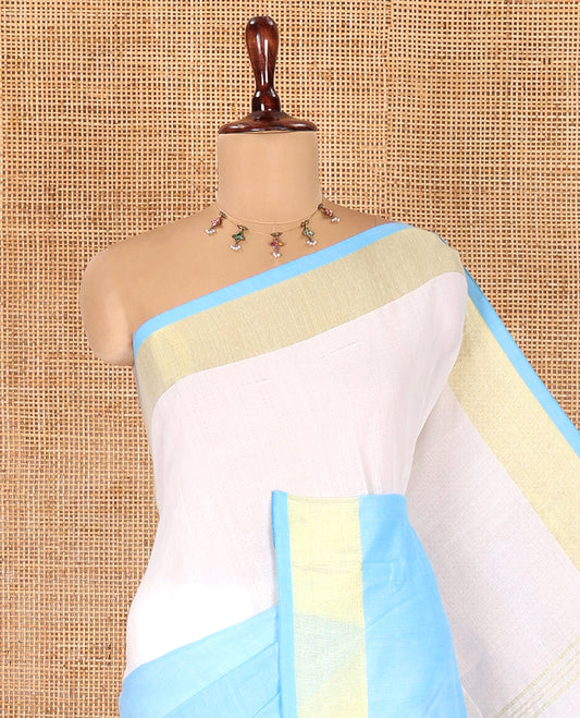 White-Blue Half-And-Half Plain Khadi Cotton Saree, a Subtle Zari Border, Striped Pallu, and No Blouse