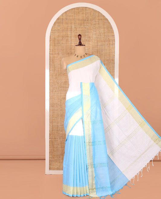 White-Blue Half-And-Half Plain Khadi Cotton Saree, a Subtle Zari Border, Striped Pallu, and No Blouse