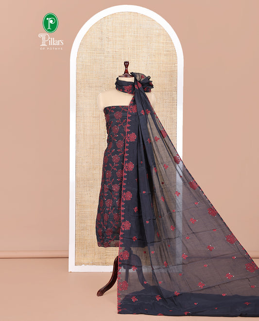 Black Mul Chanderi Material Churidar Features Floral Vine Embroidery Top, a Plain Bottom, and a Embroidered Dupatta