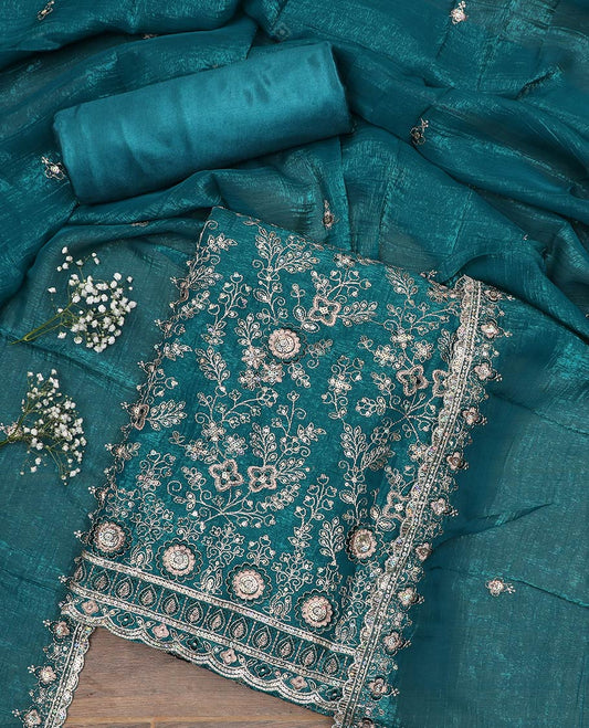 Blue material chudidar set, floral jaal heavy embroidered top, plain bottom and sequins embroidered scallop duppata