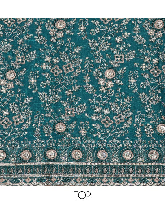 Blue material chudidar set, floral jaal heavy embroidered top, plain bottom and sequins embroidered scallop duppata