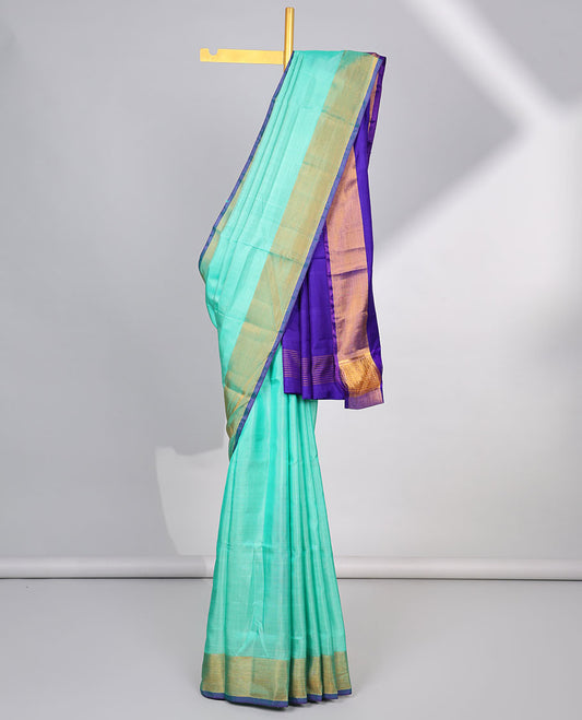 Blue uppada silk saree with contrast plain border & striped pallu