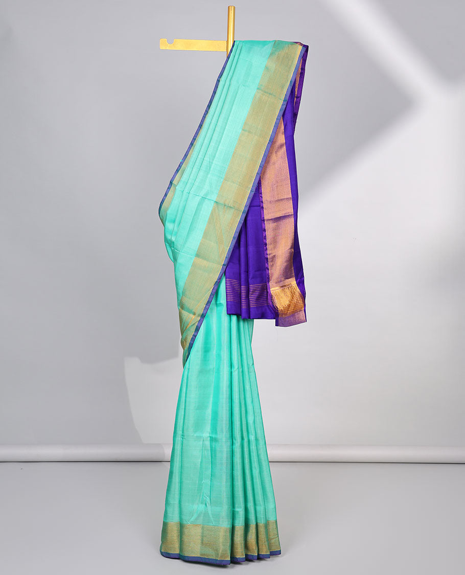Blue uppada silk saree with contrast plain border & striped pallu