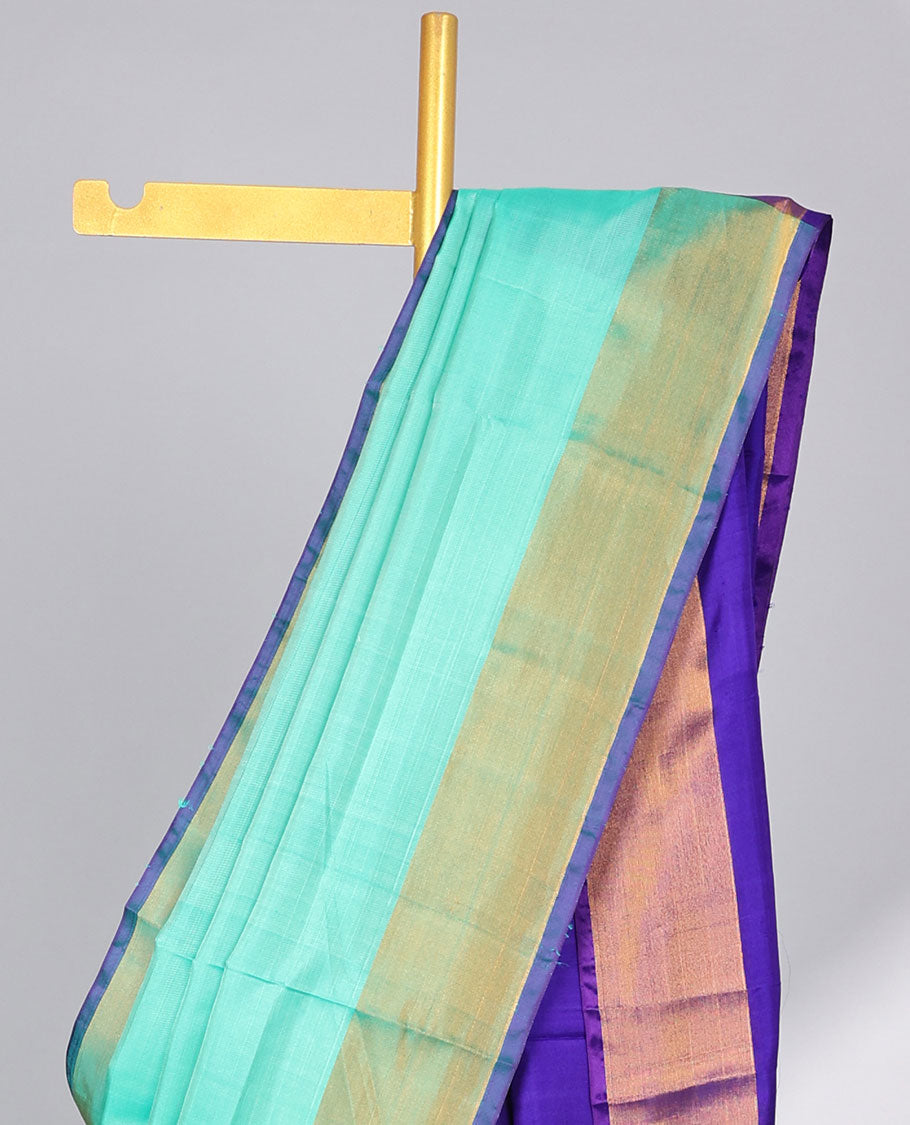 Blue uppada silk saree with contrast plain border & striped pallu