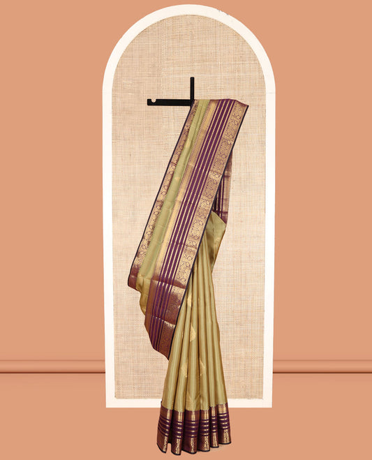 Green Vasundhara Lite Silk Mix Saree, Sparsely Woven with Zari Butats, a Contrast Border of Muthu, Rudraksham, and Mayil Designs, Grand Pallu, and a Contrast Blouse