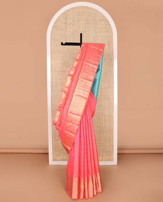 Pink floral buttas silk saree with self zari design border & floral jacquard pallu