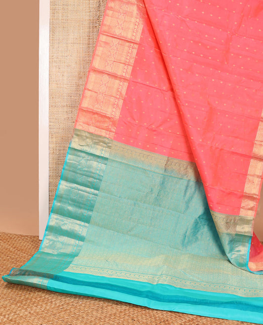 Pink floral buttas silk saree with self zari design border & floral jacquard pallu