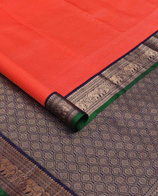 Orange zari micro checked silk saree, contrast border of thilakam mokku, Muthu, kathir and yaanai, and ogee patterned pallu