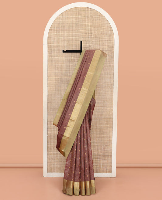 Brown Vasundhara Silk Saree, Prettified with Zari Buttas and Checks All Over Its Body, Complemented by a Contrast Kal Eragina Border of Ara Bogudi, Muthu, and Ara Maadam Designs, Grand Jaal Pallu, and Paired with a Contrast Blouse