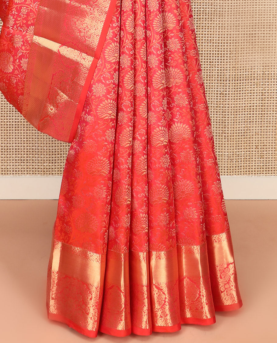 Red Kanchipuram Wedding Silk Saree Enthralled with Floral Jaal Jacquard Designs, Highlighted with Zari Border of Traditional Designs, Pallu Enriched with Geometric Designs, and Paired with a Matching Blouse