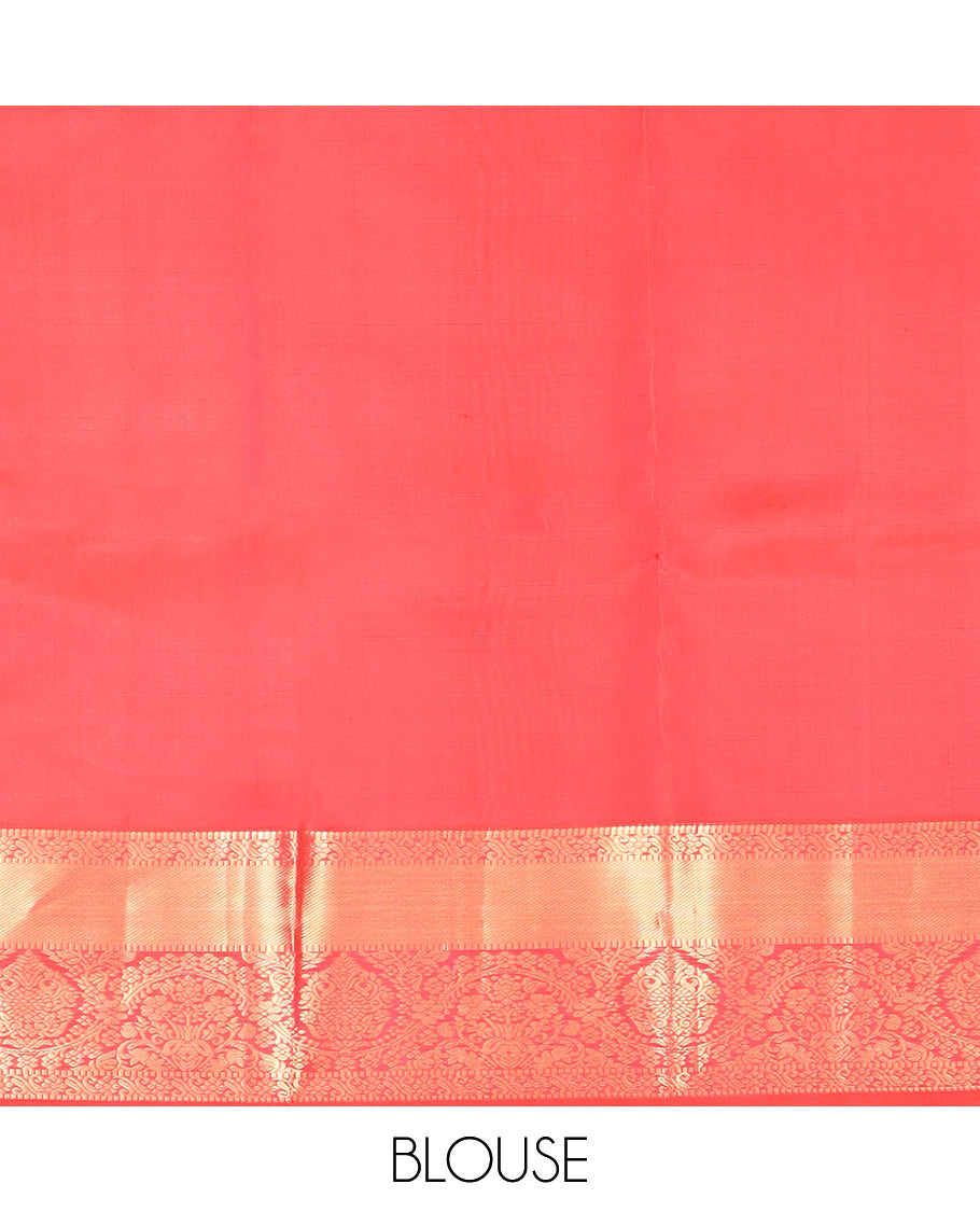 Red Kanchipuram Wedding Silk Saree Enthralled with Floral Jaal Jacquard Designs, Highlighted with Zari Border of Traditional Designs, Pallu Enriched with Geometric Designs, and Paired with a Matching Blouse