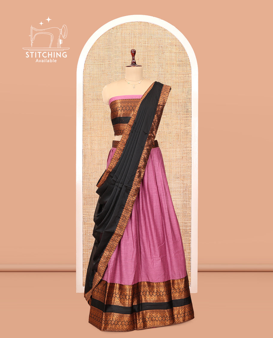 Onion Pink Chanderi Cotton Half-Saree, Plain Skirt, Contrast Traditional Zari Rettai Pettu Border, a Matching Blouse, and Contrast Dupatta