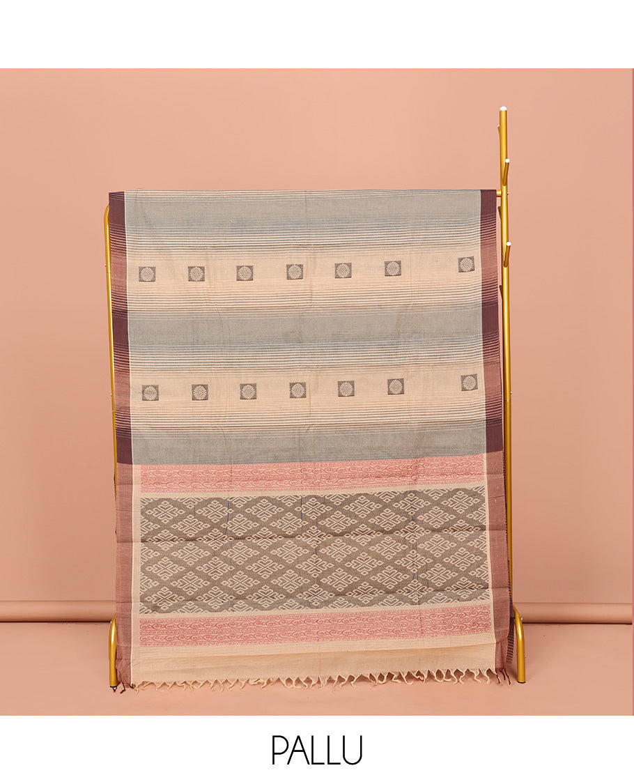 Sandal Kanchi Cotton Saree, Subtly Elevated with Buttas and Stripes All Over Its Body, Complemented by Contrast Border, Pallu of Jaal Designs, and Paired with a Matching Blouse