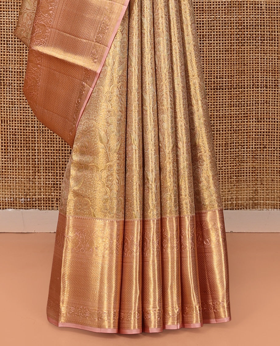 Gold Kanchipuram Tissue Silk Saree, Woven with Jacquard, Complemented by Contrast Zari Border of  Thilakam, Kathir, Mayil, Yaanai, Kuyil Kann, and Kodi Visiry, Jaal Pallu, and Contrast Blouse