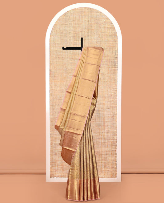 Gold Kanchipuram Tissue Silk Saree, Woven with Jacquard, Complemented by Contrast Zari Border of  Thilakam, Kathir, Mayil, Yaanai, Kuyil Kann, and Kodi Visiry, Jaal Pallu, and Contrast Blouse
