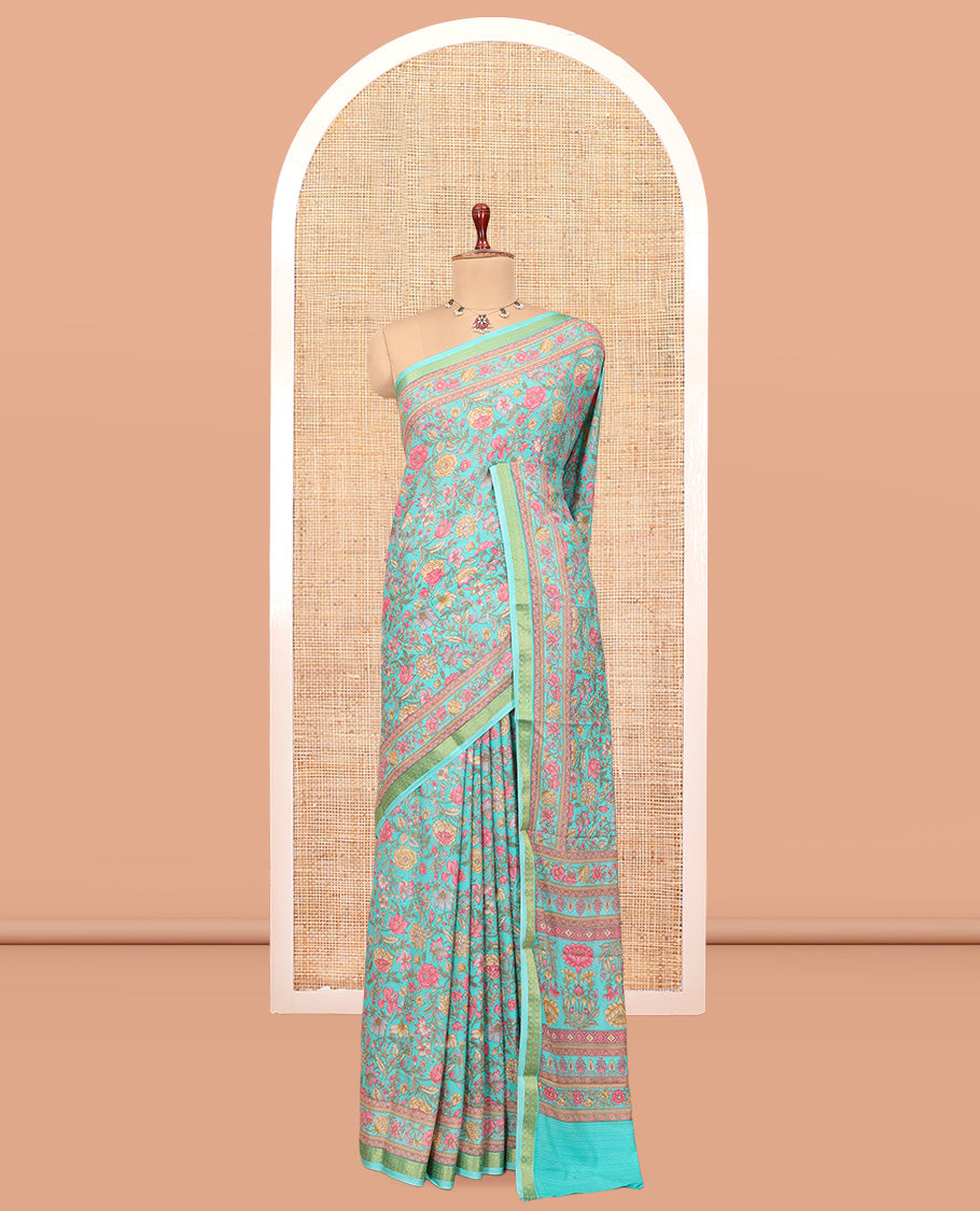Blue Printed Silk Saree, Bedecked with Floral Vine Print, a Traditional Zari Border, Floral Pallu, and a Matching Blouse