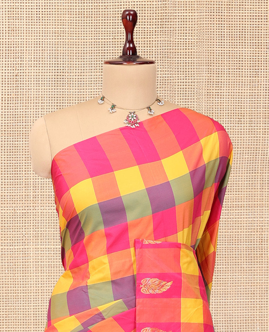 Borderless Multi-Color Checked Arani Saree Features Zari Buttas, a Pallu of Zari Stripes, and a Matching Blouse