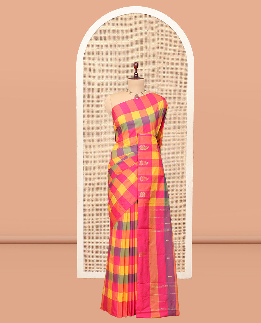 Borderless Multi-Color Checked Arani Saree Features Zari Buttas, a Pallu of Zari Stripes, and a Matching Blouse